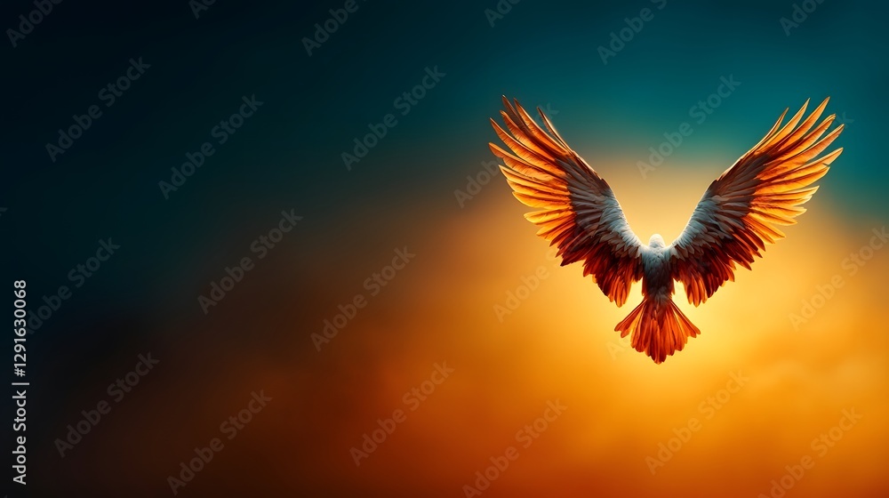 Fototapeta premium Majestic celestial angel wings spreading outward in a radiant divine light set against a breathtaking heavenly sky This ethereal