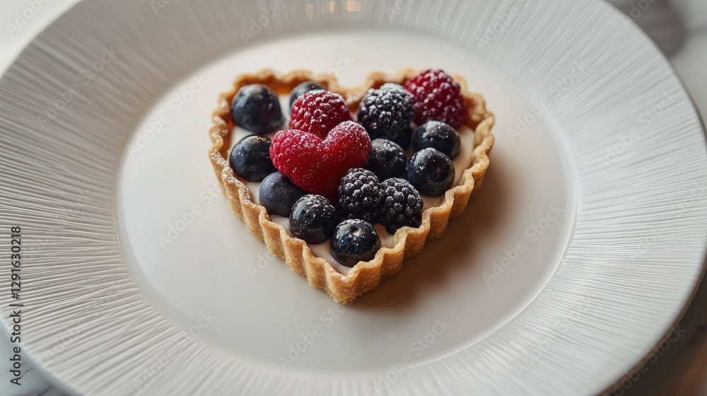 Heart-shaped berry tart placed on a white dessert plate