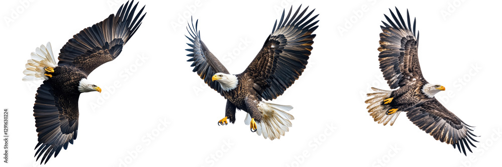 Obraz premium A Set of Soaring Eagle Brilliance: Majestic Bald Eagle Captured in Dynamic Mid Flight Action - Isolated on transparent Background