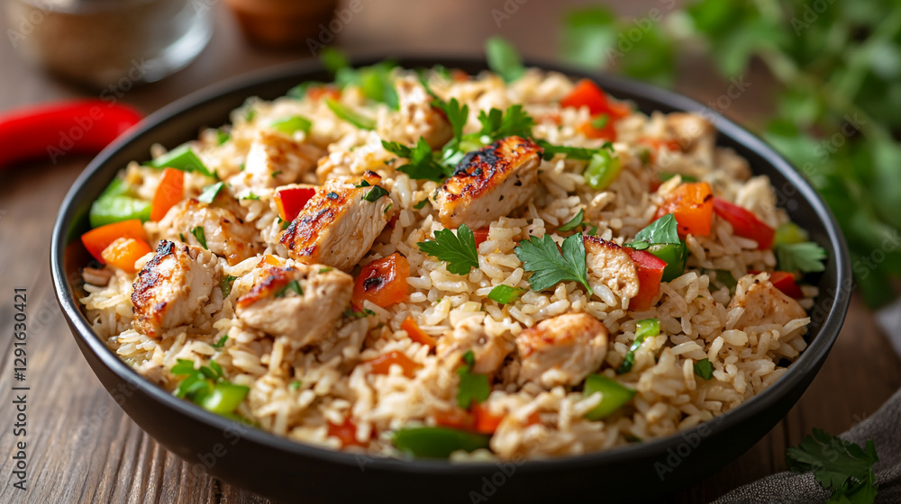 Delicious chicken rice bowl with colorful peppers and parsley garnish red eat food dish meal tasty Delicious chicken rice bowl with colorful peppers and parsley garnish red eat food dish meal tasty