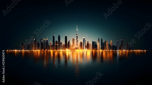 Majestic city skyline with glowing skyscrapers reflecting in the smooth black night sky creating a symmetrical and captivating urban landscape