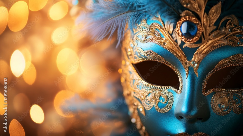 Naklejka premium elegant mask with feathers, featuring blue and gold hues, set against a soft background with sparkling lights. The focus is sharp on the intricate design of the masquerade mask, with delicate lighting