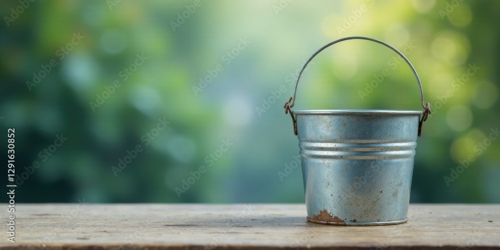 A small, weathered metal pail sits empty on a rustic wooden surface, blurred greenery forming a tranquil backdrop A small, weathered metal pail sits empty on a rustic wooden surface, blurred greenery forming a tranquil backdrop