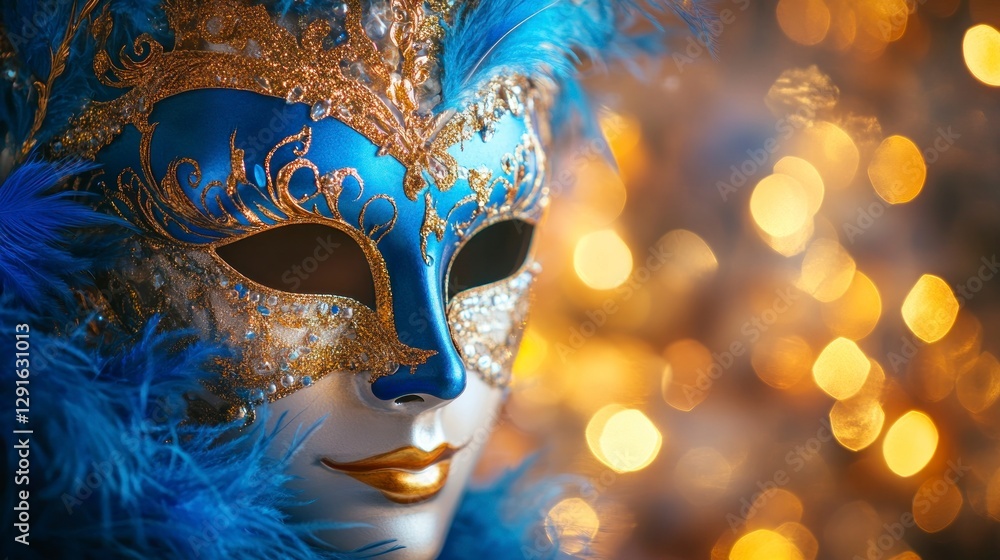 Naklejka premium elegant mask with feathers, featuring blue and gold hues, set against a soft background with sparkling lights. The focus is sharp on the intricate design of the masquerade mask, with delicate lighting
