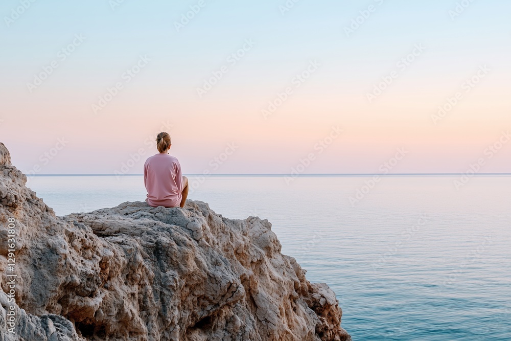 Frau sitzt meditativ auf Felsen und blickt auf das Meer
Frau sitzt meditativ auf Felsen und blickt auf das Meer