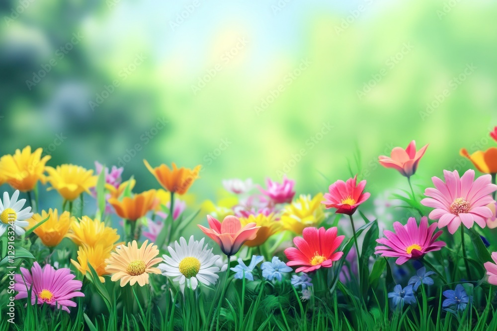 Fototapeta premium Vibrant Meadow Filled with Colorful Flowers in Bright Green Landscape during Sunny Day