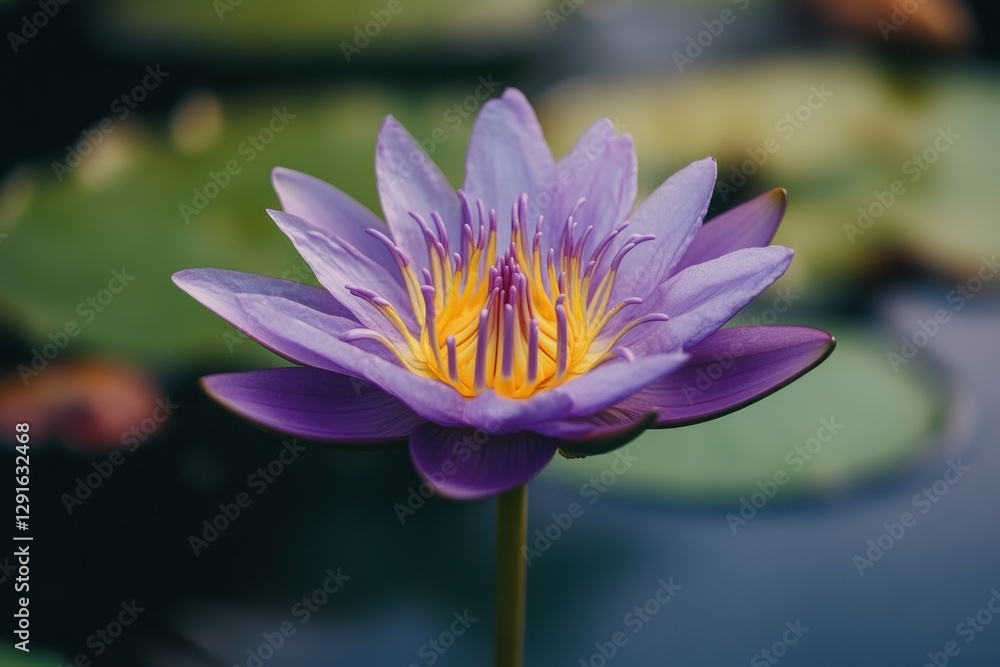 Beautiful Water Lily Flower in Bloom with Vibrant Purple Petals and Yellow Center Beautiful Water Lily Flower in Bloom with Vibrant Purple Petals and Yellow Center