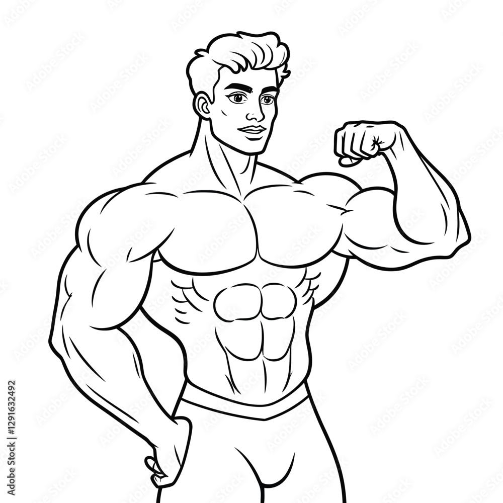Muscular man showing his arm vector outline illustration Muscular man showing his arm vector outline illustration