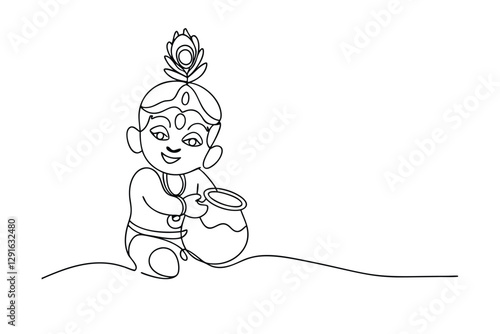 Infant Krishna, Hindu Deity, Line Art, One Line Drawing, Pot, Butter, Peacock Feather, Devotion