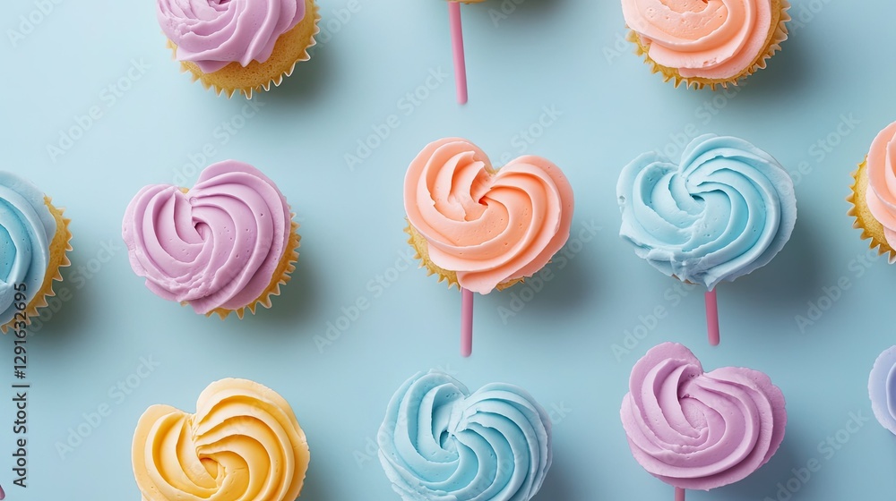 Heart-shaped cupcake toppers in pastel colors Heart-shaped cupcake toppers in pastel colors
