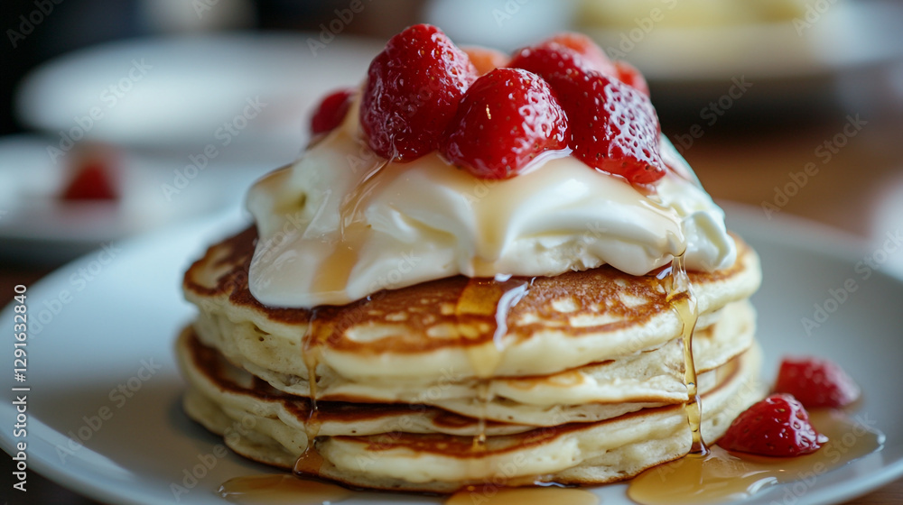 Delicious fluffy pancakes topped with strawberries and cream red eat yum food sweet tasty fresh white Delicious fluffy pancakes topped with strawberries and cream red eat yum food sweet tasty fresh white