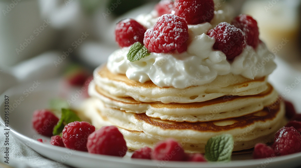 Delicious fluffy pancakes topped with fresh raspberries and cream red eat food mint sweet tasty plate Delicious fluffy pancakes topped with fresh raspberries and cream red eat food mint sweet tasty plate