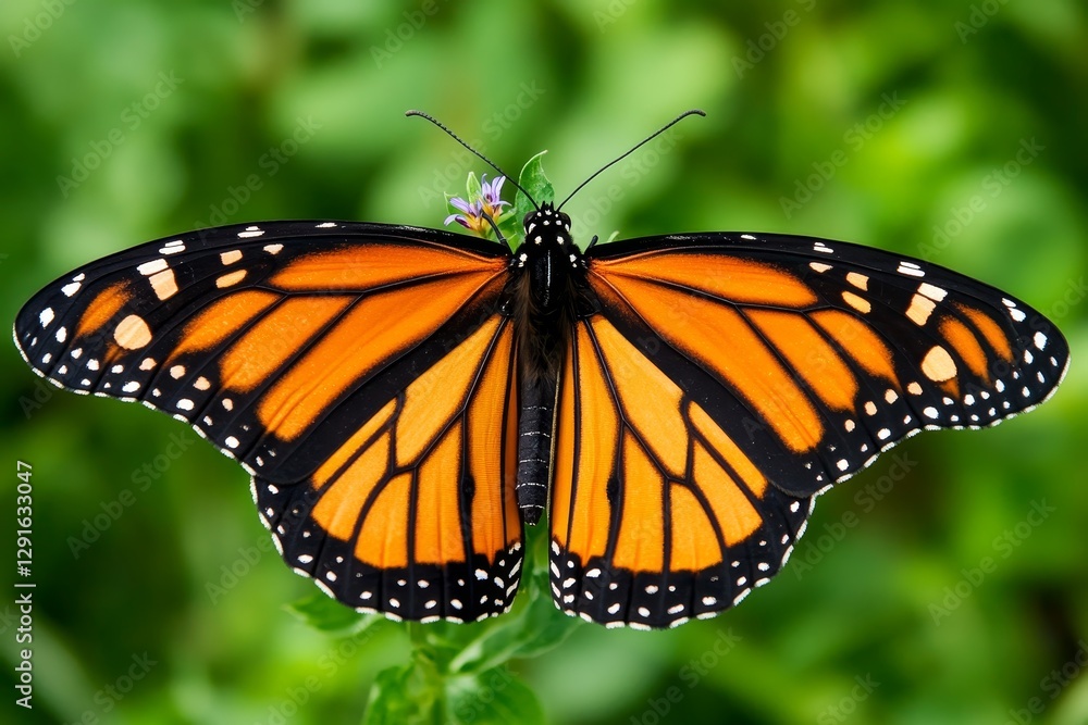 Vibrant Monarch Butterfly Perched on Green Foliage in Nature Vibrant Monarch Butterfly Perched on Green Foliage in Nature