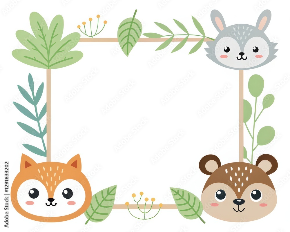 Naklejka premium cute animal frame, with a fox, rabbit and bear smiling. Around the animals there are green leaves and a branch