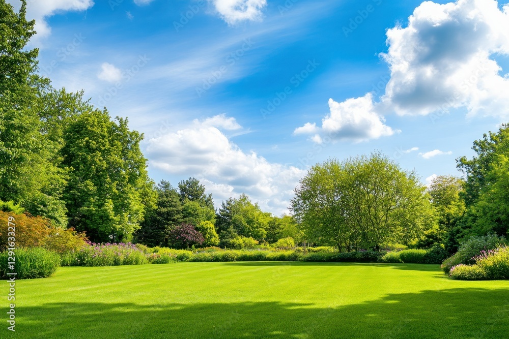 Lush Green Lawn Surrounded by Vibrant Trees Under a Bright Blue Sky with Fluffy Clouds Lush Green Lawn Surrounded by Vibrant Trees Under a Bright Blue Sky with Fluffy Clouds