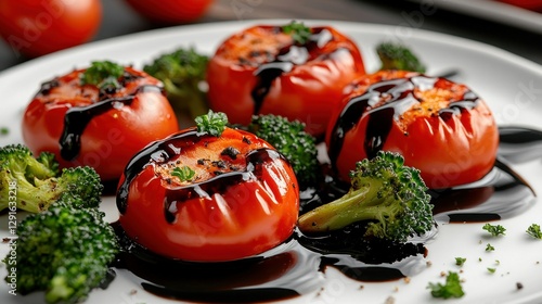 Roasted Stuffed Tomatoes with Balsamic Glaze on Plate, Broccoli in Background photo