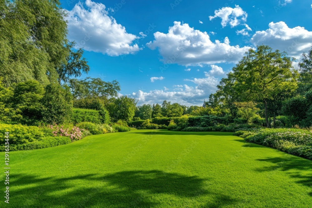 Lush Green Lawn Surrounded by Vibrant Trees and Clear Blue Sky with Fluffy Clouds Lush Green Lawn Surrounded by Vibrant Trees and Clear Blue Sky with Fluffy Clouds
