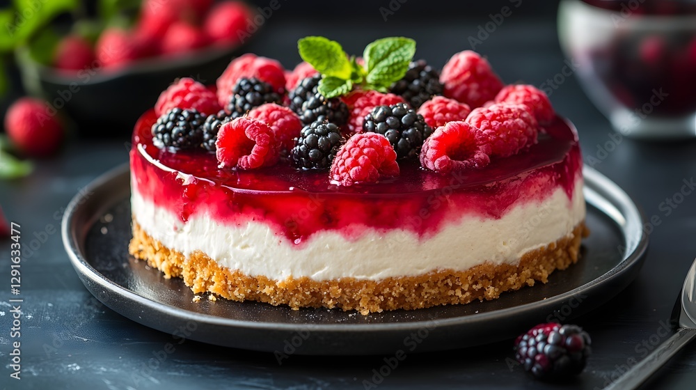Berry Delight Cheesecake: Indulge in a close-up shot of a mouthwatering cheesecake adorned with luscious raspberries and blackberries, radiating a gourmet appeal that captivates the senses. Berry Delight Cheesecake: Indulge in a close-up shot of a mouthwatering cheesecake adorned with luscious raspberries and blackberries, radiating a gourmet appeal that captivates the senses.
