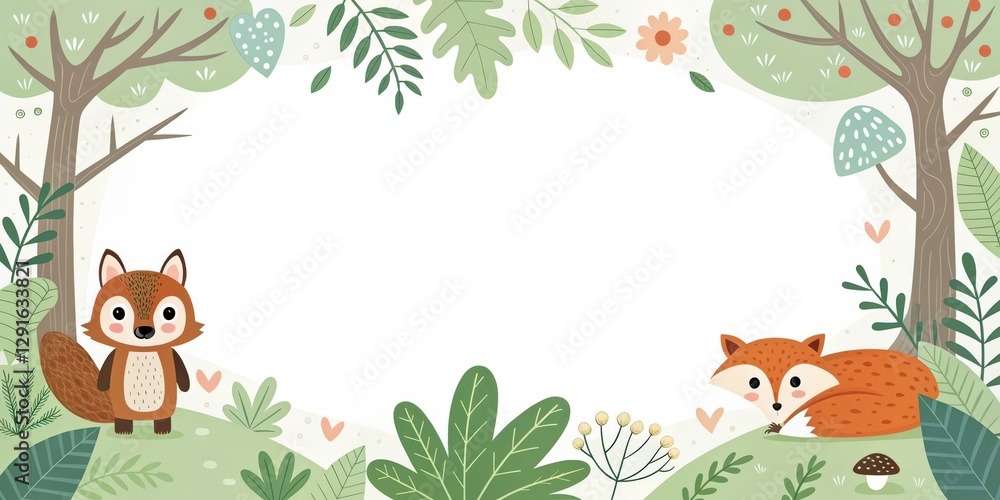 Naklejka premium cute cartoon illustration of foxes in a whimsical forest scene. There are two adorable foxes. One fox is standing while the other is lying down. The forest is filled with trees and bushes.