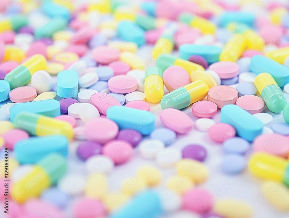 Colorful Close-Up of Diverse Pills and Capsules on Bright Surface Colorful Close-Up of Diverse Pills and Capsules on Bright Surface