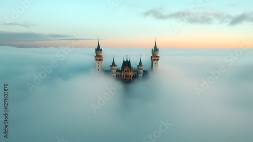 Wallpaper Mural Majestic medieval castle towers shrouded in a mystical mist rising up from a serene and atmospheric landscape  This fairytale like scene evokes a sense of wonder and timeless enchantment Torontodigital.ca
