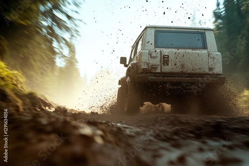 Off-road vehicle splashes through muddy terrain surrounded by lu