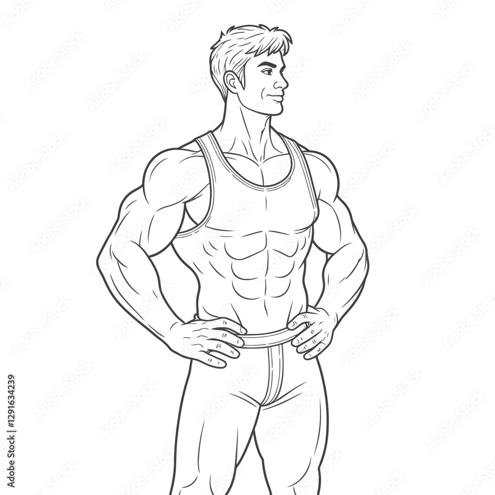 Muscular man showing his arm vector outline illustration Muscular man showing his arm vector outline illustration