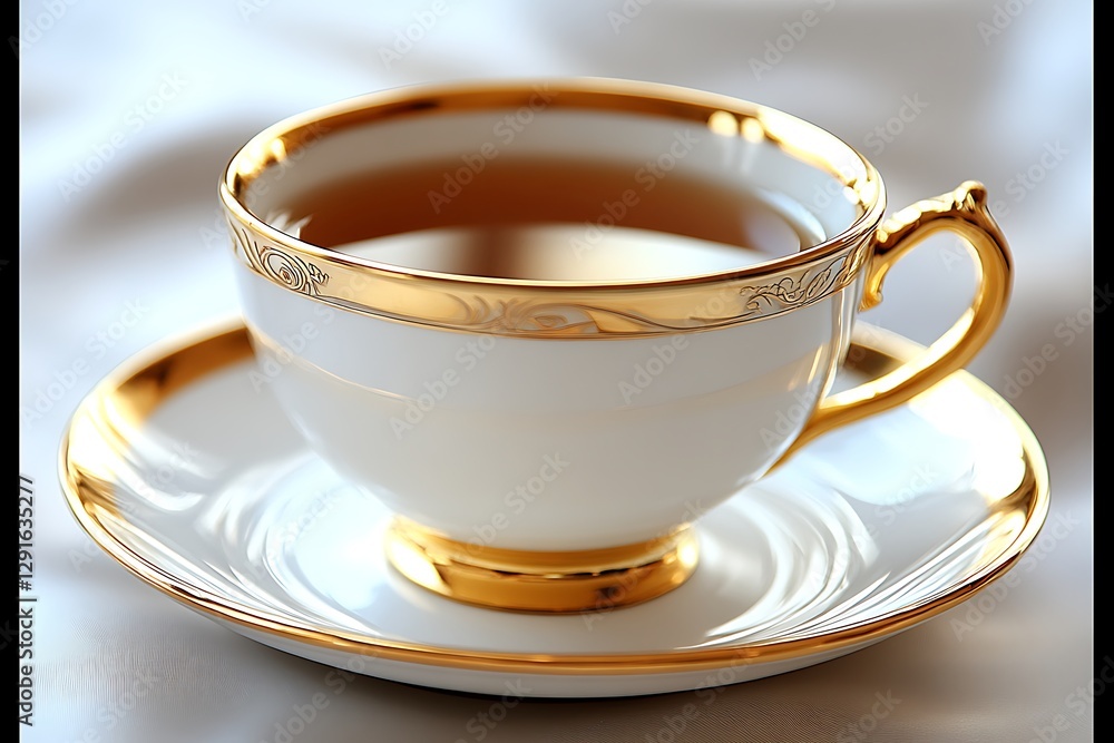 Elegant golden-rimmed tea cup and saucer on soft fabric, showcasing a serene tea moment Elegant golden-rimmed tea cup and saucer on soft fabric, showcasing a serene tea moment