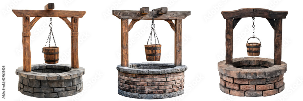 A Set of Exquisitely Crafted Old-Fashioned Wooden Wishing Wells with Brick-Lined Base and Timeless Rustic Charm, Captivating Detail Isolated on transparent Background A Set of Exquisitely Crafted Old-Fashioned Wooden Wishing Wells with Brick-Lined Base and Timeless Rustic Charm, Captivating Detail Isolated on transparent Background