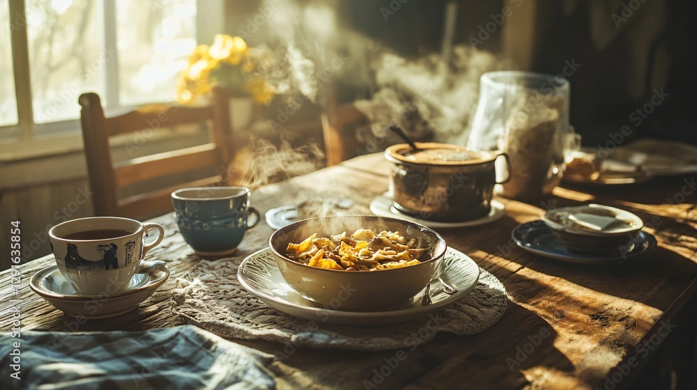 Fototapeta premium Warm Morning Meal by the Window Rustic Farmhouse Breakfast Scene