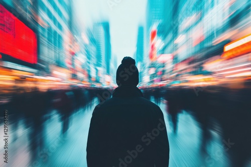 person standing still in the middle of a blurred, fast-moving cityscape, symbolizing isolation, societal pressure, and the struggle to find stability in a chaotic urban environment, with space for tex