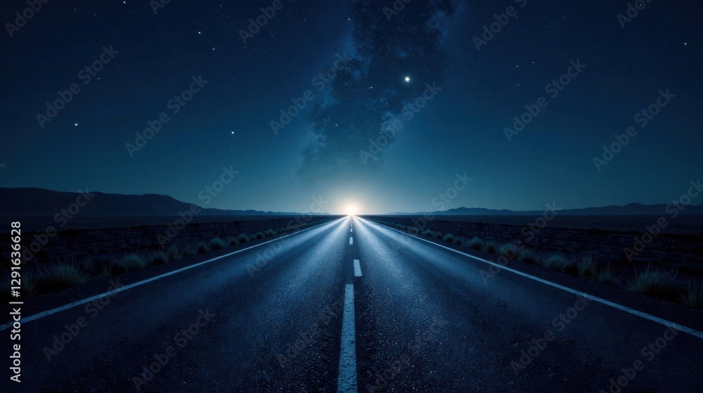 Fototapeta premium Nighttime Journey on an Empty Asphalt Road Leading Towards a Bright Horizon Under a Starry Sky