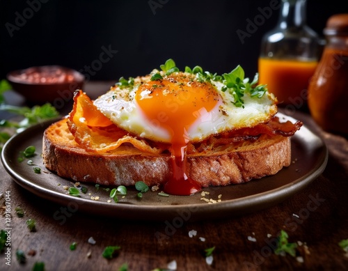 Fotografía de estudio profesional una rebanada de pan tostado con salsa de tomate rallado, una loncha de bacón y un huevo encima,estilo ultrarrealista, realista, 4k photo