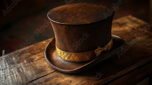A top hat made of wood, placed on an antique wooden table. The hat is dark brown with gold trim and sits atop the table in its traditional position.