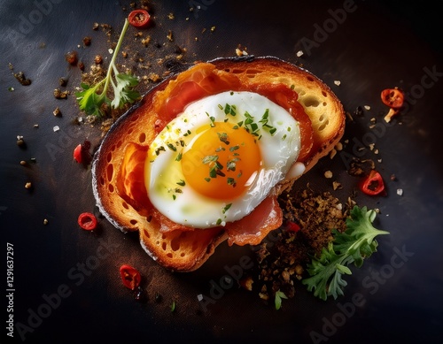 Fotografía de estudio profesional una rebanada de pan tostado con salsa de tomate rallado, una loncha de bacón y un huevo encima,estilo ultrarrealista, realista, 4k photo