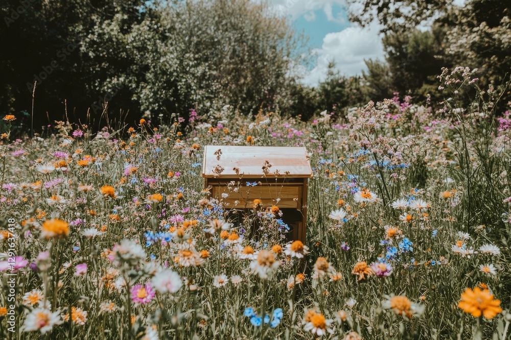 Vibrant Wildflower Field with Beehive Under Blue Sky and Clouds