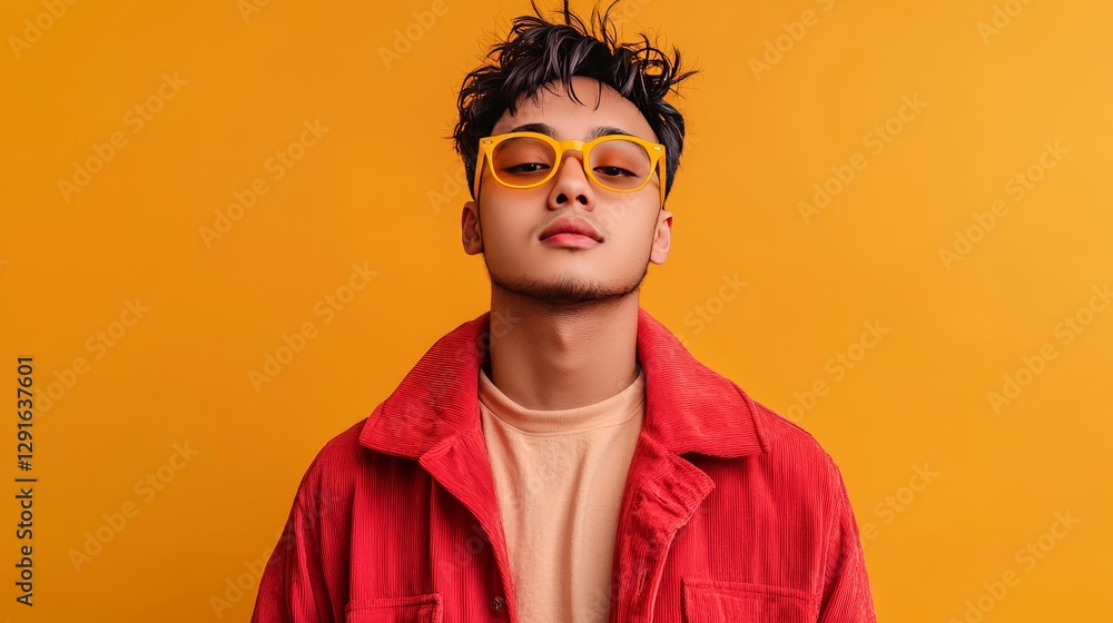Young Woman Poses Confidently in Colorful Outfit Against Vibrant Yellow Backdrop During a Casual Fashion Shoot in Natural Light Young Woman Poses Confidently in Colorful Outfit Against Vibrant Yellow Backdrop During a Casual Fashion Shoot in Natural Light