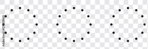 Set of circle shapes with dashed lines, Dashed and dotted circle icon. Black and white broken rings. Dotted round lines, Cut here pictograms for coupons or tags. Vector outline.