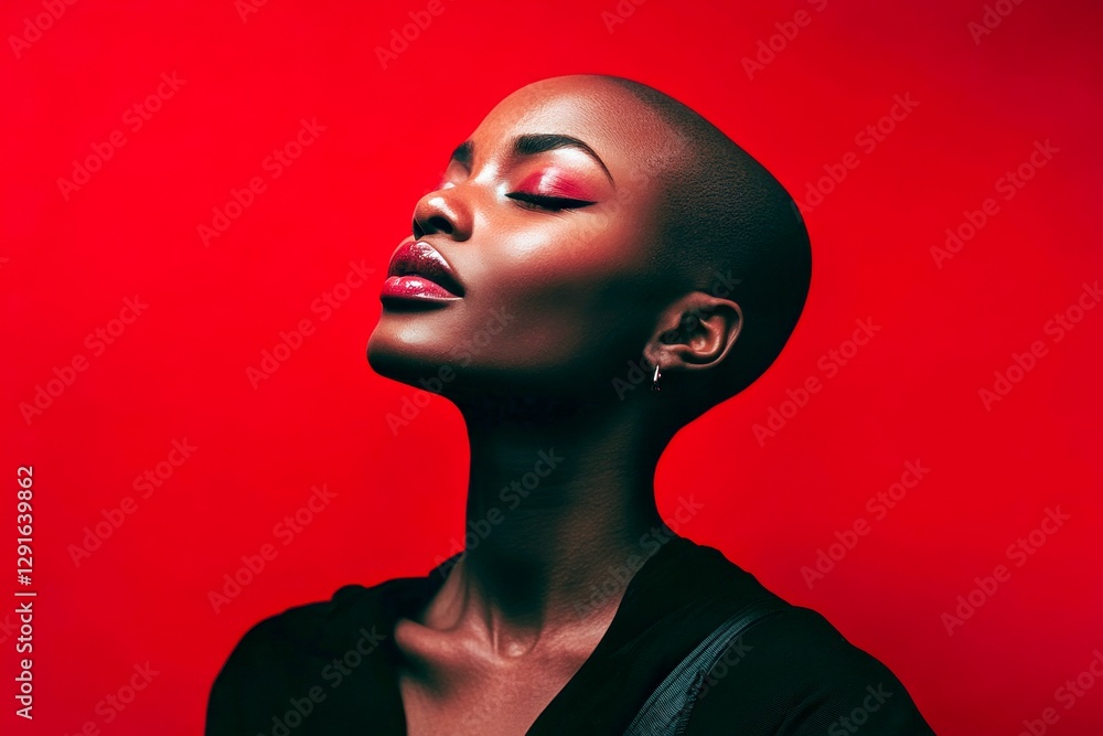 Gorgeous smiling black girl - for ads, alley poster and social media use. Short haircut - bald head - no hair. Commercial promotion conceptual art pattern. African american portrait artistry. Gorgeous smiling black girl - for ads, alley poster and social media use. Short haircut - bald head - no hair. Commercial promotion conceptual art pattern. African american portrait artistry.