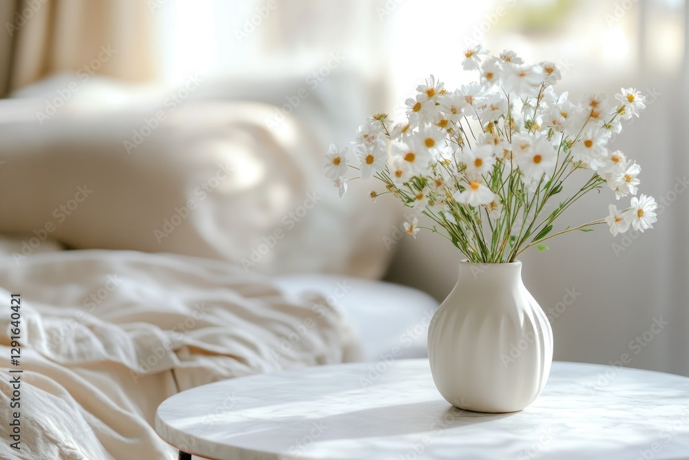 Fototapeta premium Bright and Fresh Daisies in Simple Vase on Cozy Table in Sunlit Room