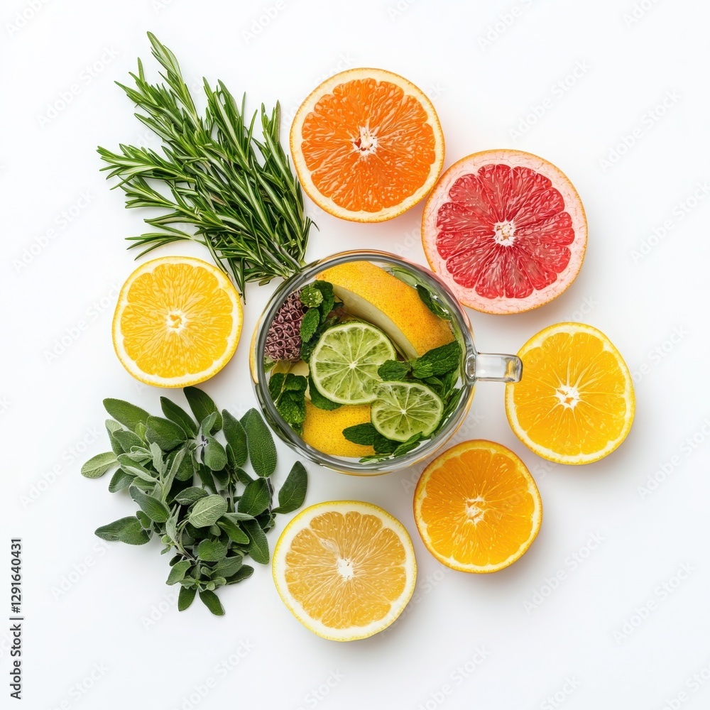 Fresh fruits and herbs arranged around a glass container on a white background. Fresh fruits and herbs arranged around a glass container on a white background.