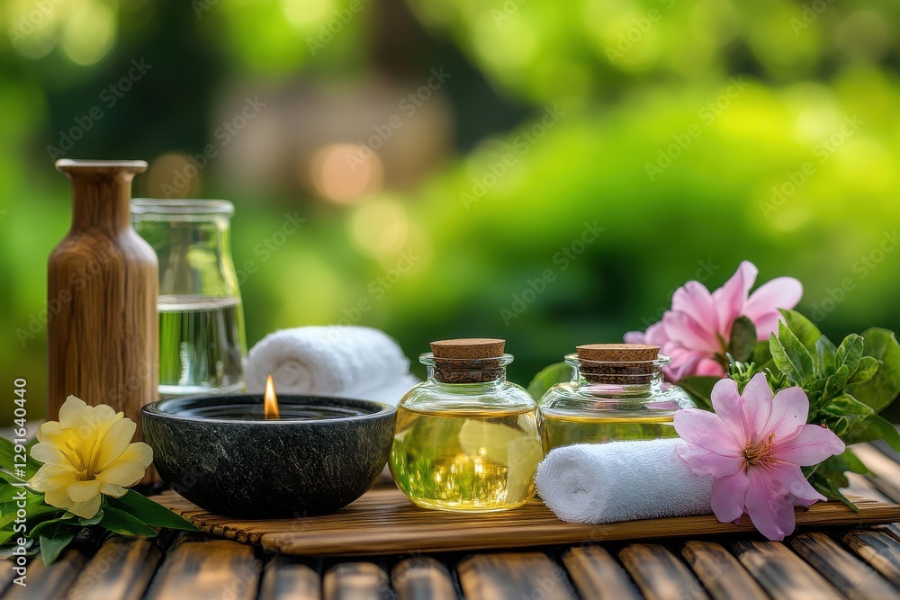Wellness Retreat Serene spa setup with essential oils, candles, and flowers on a wooden surface in a lush green setting. Wellness Retreat Serene spa setup with essential oils, candles, and flowers on a wooden surface in a lush green setting.