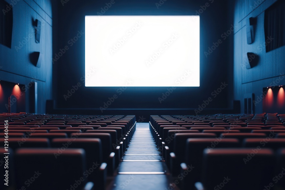 Empty Movie Theater Interior with Rows of Red Seats Illuminated by Blank Screen Empty Movie Theater Interior with Rows of Red Seats Illuminated by Blank Screen