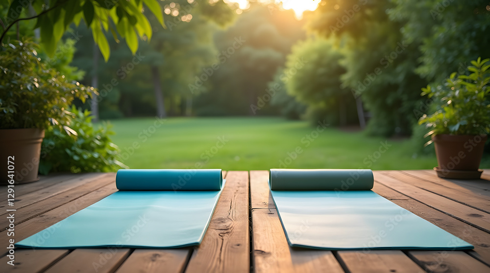 Obraz premium Serene Outdoor Yoga Retreat with Colorful Mats on Rustic Wooden Deck Surrounded by Lush Greenery for Mindfulness and Nature Connection