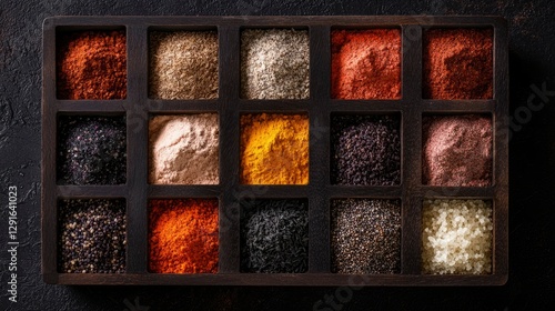 Fototapeta Naklejka Na Ścianę i Meble -  Colorful spice assortment in wooden box, dark background, food photography, recipe ingredient