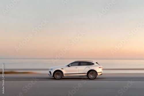Sleek white SUV cruising along coastal road at sunset, serene at