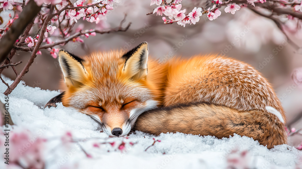 Fototapeta premium Sleeping fox resting peacefully in a snow-covered bed surrounded by delicate pink cherry blossoms in a winter wonderland.