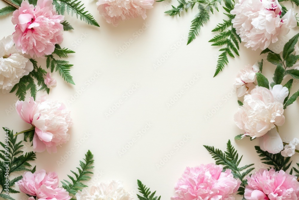 Floral Frame with Soft Pink and Cream Peonies Surrounded by Lush Green Fern Leaves Floral Frame with Soft Pink and Cream Peonies Surrounded by Lush Green Fern Leaves