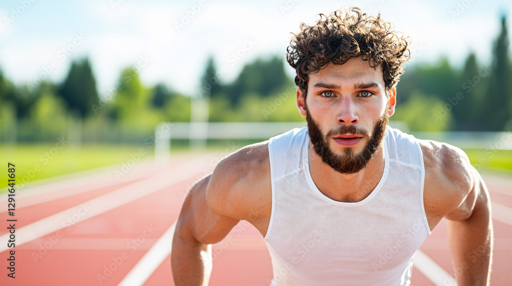 Determined Male Runner with Intense Gaze Ready for Race on Outdoor Track Sports and Athletics Determined Male Runner with Intense Gaze Ready for Race on Outdoor Track Sports and Athletics