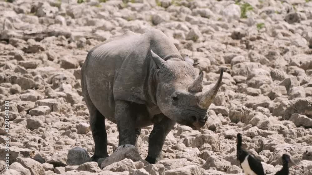 Majestic rhino roaming rugged terrain amidst dry rocky landscape at dawn Majestic rhino roaming rugged terrain amidst dry rocky landscape at dawn